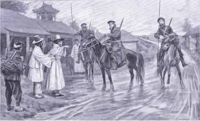 Kosakenspäher sammeln Informationen von einem koreanischen Gefangenen, Illustration aus Cassells Geschichte des Russisch-Japanischen Krieges Band 1, ca. 1900