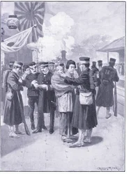 Truppen verlassen Tokio, Illustration aus Cassells Geschichte des Russisch-Japanischen Krieges Band 1, ca. 1900