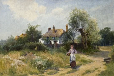 Landschaft mit Hütte und Frau, spätes 19.-20. Jahrhundert