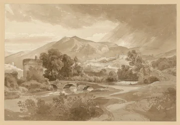 Blick auf Tivoli, vorn der Anio mit dem Ponte Lucano und dem Grabmal der Plautier