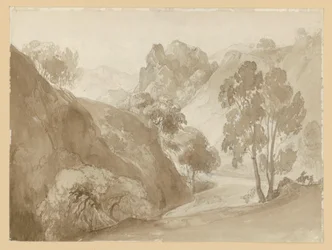 Flusstal und Gebirgslandschaft, auf dem Weg figürliche Staffage