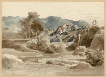 Italienische Landschaft mit Bach, Bäumen und einem Haus am Weg und zerklüfteter Felspartie. Camel bei Sora