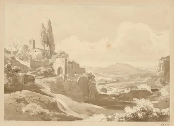 Landschaft in den Albanerbergen, auf der Anhöhe links ein Tor und eine Kirche