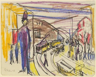 Großstadtstraße mit Straßenbahnen