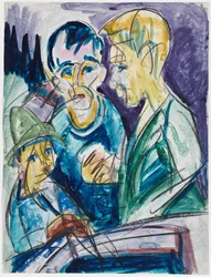 Zwei Bauern und Junge am Brunnen