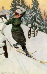 Frau beim Skifahren, spätes 19. oder frühes 20. Jahrhundert