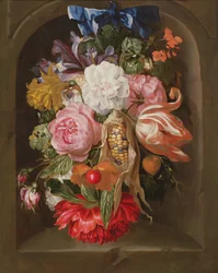 Ein Stillleben mit einem Maiskolben, Rosen, einer Papageientulpe, Schwertlilien und anderen Blumen, die an einem blauen Band in einer Steinnische hängen