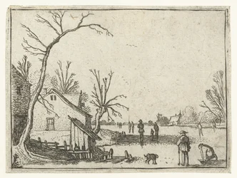 Bauernhof bei gefrorenem Fluss und Schlittschuhläufer auf dem Eis