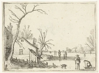 Bauernhof bei gefrorenem Fluss und Schlittschuhläufer auf dem Eis