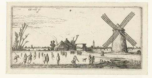 Schlittschuhläufer auf dem Eis bei einer Mühle in der Nähe von Penningsveer