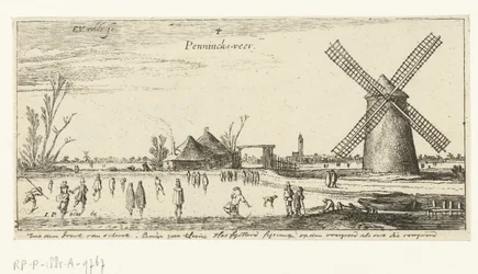 Schlittschuhläufer auf dem Eis bei einer Mühle in der Nähe von Penningsveer