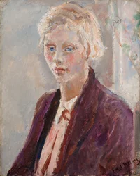 Blondes Mädchen in einer lila Jacke, ca. 1935
