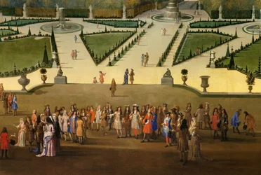 Spaziergang von Ludwig XIV. (1638-1715) mit Blick auf das nördliche Parterre in den Gärten von Versailles (Detail)