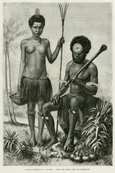Fidschianisches Paar. Gravur von E. Ronjat zur Illustration der Geschichte „Promenades en Océanie“, von Aylic Marin, in Le Tour du monde 1887, unter der Leitung von Edouard Charton (1807-1890).