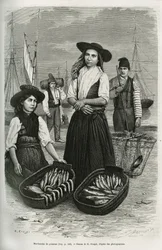 Fischhändlerinnen in traditioneller Frauentracht: kurzer Faltenrock, Mieder mit Silberknöpfen und breiter schwarzer Filzhut. Stich von E. Ronjat zur Illustration des Berichts "Eine Woche in Lissabon" von Jules Leclercq, veröffentlicht in Tour du
