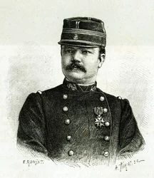 Porträt von Kapitän Valliere, der Marineinfanterie, während der Expedition nach Afrika unter dem Kommando von Gallieni. Gravur von E. Ronjat, nach einem Foto, zur Illustration der Geschichte „Erkundung des Oberen Niger (heutiges Mali)“ von Kommandant Galli