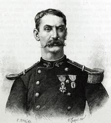 Porträt von Kommandant Joseph Gallieni während der Expedition in Afrika (1879-1882). Gravur von E. Ronjat nach einem Foto zur Illustration der Geschichte „Exploration du Haut Niger (Haut Niger)“ (heutiges Mali) von Kommandant Joseph Gallieni (1849-1916)