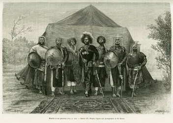 Porträt von Prinz Menelik II. von Äthiopien (1844-1913), umgeben von seinen Generälen. Gravur von Ronjat, nach einem Foto, zur Illustration der Geschichte „Reise nach Choa (Südliches Abessinien)“