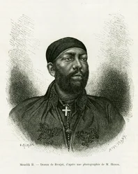 Porträt von Prinz Menelik II. von Äthiopien (1844-1913). Gravur von Ronjat, nach einem Foto, zur Illustration der Geschichte „Reise nach Choa (Südliches Abessinien)“