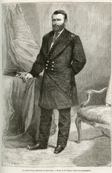 Porträt von Ulysses Grant (1822-1885), amerikanischer General, Befehlshaber der Unionstruppen während des Sezessionskriegs und 18. Präsident der Vereinigten Staaten für zwei Amtszeiten von 1869 bis 1877. Stich nach der Zeichnung von E. Ronjat zur