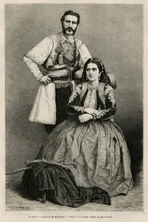 Porträts des Fürsten von Montenegro Nikola I. Petrović-Njegoš (1841-1921) und seiner Frau Milena, geborene Vukotić (1847-1923), Zeichnung von E. Ronjat zur Illustration der Reise nach Montenegro im Jahr 1874 von Charles Yriarte (1832-1898). Stich in Le