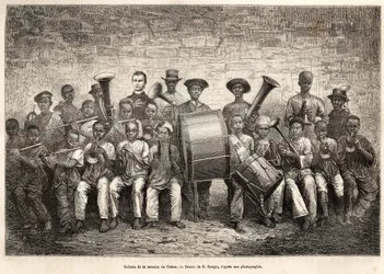 Die Band der Kinder der Gabon-Mission. Gravur nach der Zeichnung von E. Ronjat, um die Kreuzfahrt an der Küste Afrikas zu illustrieren, von Vizeadmiral Fleuriot de Langle, im Jahr 1868, veröffentlicht in „Le tour du monde“ 1876, herausgegeben von Edouard C