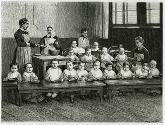 Das Kindermahl in der Kinderkrippe. Gravur von E. Ronjat zur Illustration der Geschichte „Atravers l