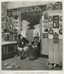 Ein Interieur in Marken (Niederlande), Gravur nach einer Zeichnung von E. Ronjat, zur Illustration der Geschichte der Niederlande von Charles de Coster, 1878, veröffentlicht in Le tour du monde, unter der Leitung von Edouard Charton