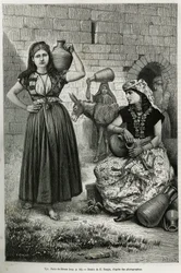 Frauen tragen Krüge, in der Nähe des Brunnens von Hiram in Tyrus. Gravur von E. Ronjat, um die Geschichte La Syrie d