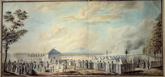 Französische Revolution: Militärlager der Mars-Schule für zukünftige Kader der republikanischen Armee. Aquarell von Etienne Bericourt (18. Jahrhundert) 1794