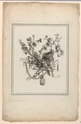 Trophäe mit Erntewerkzeugen, Platte 6 aus "Suite de différentes Attributs, Trophées, et Groupes de Fleurs," Suite II