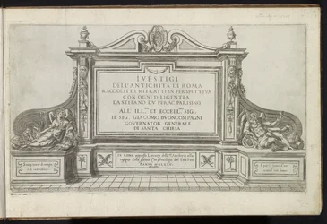 Titelblatt mit einem Denkmal mit Titel, flankiert von Ruhm und Vater Zeit