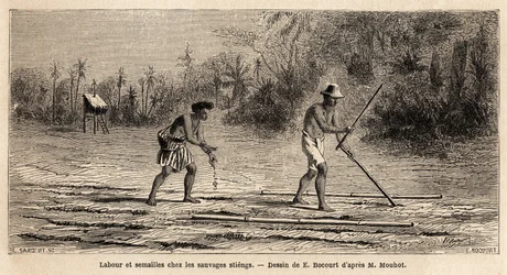 Pflügen und Säen unter den Wilden Stiengs, Bewohnern der Wälder von Kambodscha, Zeichnung von E. Bocour, zur Illustration von Henri Mouhots Reise durch die Königreiche Siam, Kambodscha und Laos von 1858 bis 1861. Gravur in "Le tour du monde"