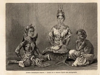 Siamesische dramatische Künstler, Zeichnung von E. Bocour, zur Illustration von Henri Mouhots Reise in die Königreiche Siam, Kambodscha und Laos von 1858 bis 1861. Gravur in „Le Tour du Monde“, herausgegeben von Edouard Charton