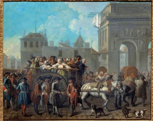 Die Führung der Freudenmädchen in die Salpetriere, der Durchgang durch die Tore von Saint Bernard Das heutige Salpetriere-Krankenhaus war ursprünglich ein Gefängnis und ein Hospiz für Frauen. Gemälde von Etienne Jeaurat (1699-1789) 1757 Paris, Musée Car