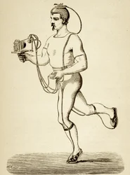 Läufer mit dem Apparat ausgestattet, der seine verschiedenen Schritte registrieren soll, aus Popular Science Monthly, veröffentlicht 1875