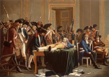 Der Morgen des 10. Thermidor Jahr II; Maximilien de Robespierre, mit gebrochenem Kiefer, auf einem Tisch ausgebreitet