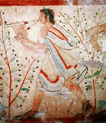 Ein Flötenspieler (Detail eines Freskos, 5. Jahrhundert v. Chr.)