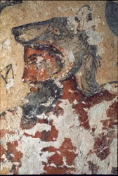 Aita (Eiza), etruskischer Gott des Jenseits, mit einer Wolfskappe (Detail eines Freskos, 4. Jh. v. Chr.)
