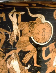 Glockenkrater, der die Zerstörung Trojas darstellt: Detail, das Neoptolem zeigt, wie er Astyanax, den Sohn von Hektor, über die Mauern wirft. Aus Falerii Veteres (Civita Castellana). 350-300 v. Chr. Rom, Museo Nazionale di Villa Giulia