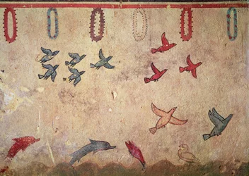 Wasservögel und springende Delfine, aus dem Grab der Jagd und Fischerei (um 520-510 v. Chr.)