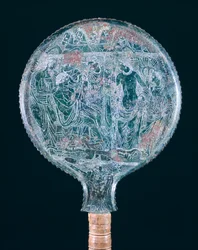 Gravierter Bronzespiegel aus Todi (Umbrien). Etruskische Zivilisation, 4. Jahrhundert v. Chr.