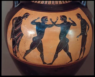 Etruskische Zivilisation: Terrakotta-Amphore dekoriert mit einer Boxszene, Detail 550-500 v. Chr. aus dem Grab des Kriegers in Vulci, Italien