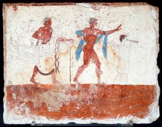 Etruskische Kunst: Ein junger Ephebe, ein Musiker und ein Zeremonienmeister. Fresko des Grabes des „Tauchers“. Aus dem südlichen Friedhof von Paestum. 480-470 v. Chr. Museo Archeologico Nazionale, Paestum