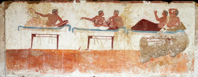 Etruskische Kunst: Bankettszene - Fresko aus dem Grab des „Tauchers“, aus der südlichen Nekropole von Paestum, 480-470 v. Chr. - Archäologisches Nationalmuseum, Paestum