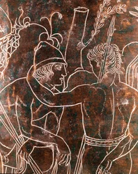 Etruskische Kunst: Detail der bronzenen Ficoroni-Cista mit der Darstellung der Argonautensage. Aus Praeneste (Palestrina). 340 v. Chr. Museo Nazionale di Villa Giulia, Rom