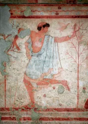 Etruskische Kunst: Fresken, die Bankettszenen darstellen, Detail eines Tänzers. Grab des Trikliniums. 5. Jahrhundert v. Chr. Nationales Archäologisches Museum von Tarquinia, Italien