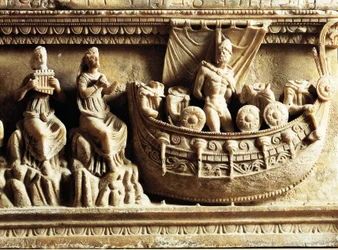 Etruskische Zivilisation, Alabasterurne, Detail des Reliefs, das Odysseus und Sirenen darstellt