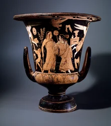 Etruskische Zivilisation: Terrakotta-Kraterdekor des Malers von Nazzano, der Apollo und eine Mänade darstellt, 350 v. Chr. Dim 57 cm, Vom Fundort Civita Castellana