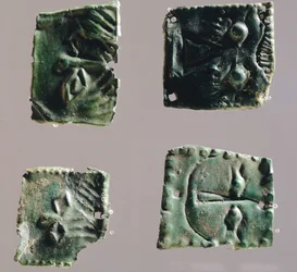 Ex-voto in Bronzeplatte, Augen darstellend. Artefakte aus dem Heiligtum von Reithia Este (Venetien). Etruskische Zivilisation, 5.-4. Jahrhundert v. Chr.